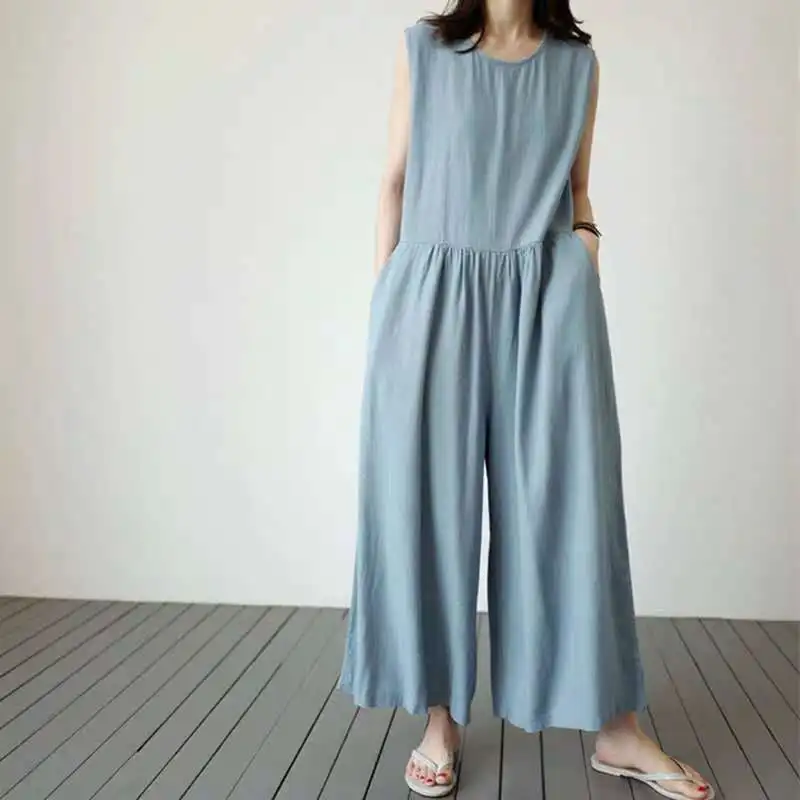 Johnature 2020 New Korean Casual Cotton Linen Sleeveless Loose Jumpsuits Women Summer Pockets Ankle-length Bodysuits Johnature 2020 New Korean Casual Cotton Linen Sleeveless Loose Jumpsuits Women Summer Pockets Ankle-length Bodysuits