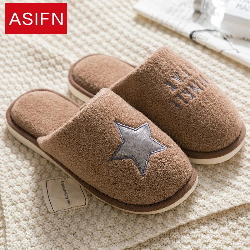 

ASIFN Slippers Men's Cartoon Five-star Non-slip Soft Bottom Cotton Ladies Couple Floor Thick Bottom Winter Warm Women Shoes