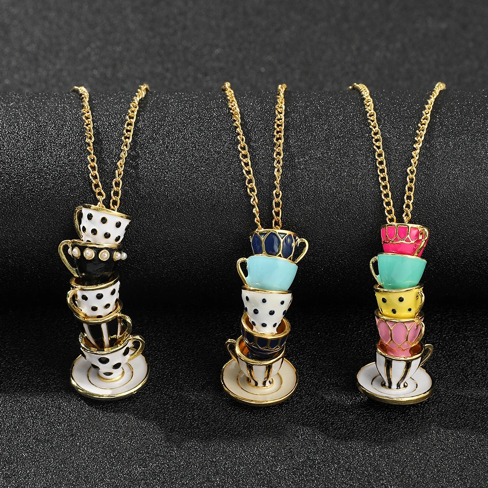 Fashion Bohemian Handmade Colorful Teacup Pendant Female Necklace Teacup Teapot Sweater Chain Metal Enamel Necklace Jewelry