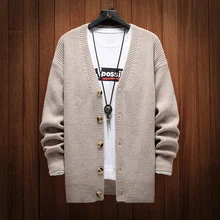 Мужской кардиган, модный, однотонный, Повседневный, v-образный вырез, мужской вязаный свитер, Мужская Уличная одежда, свободный свитер с длинным рукавом, мужская одежда