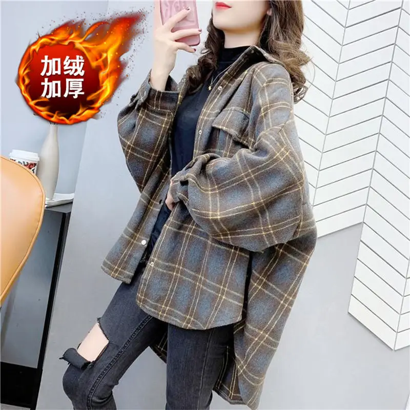 

2020 new autumn and winter wear with fleece simple commuter plaid shirt thick fleece long sleeve blouse trend