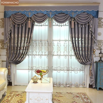 

Custom curtains European luxury living room hollow embroidery screen brown cloth blackout curtain valance tulle panel B997