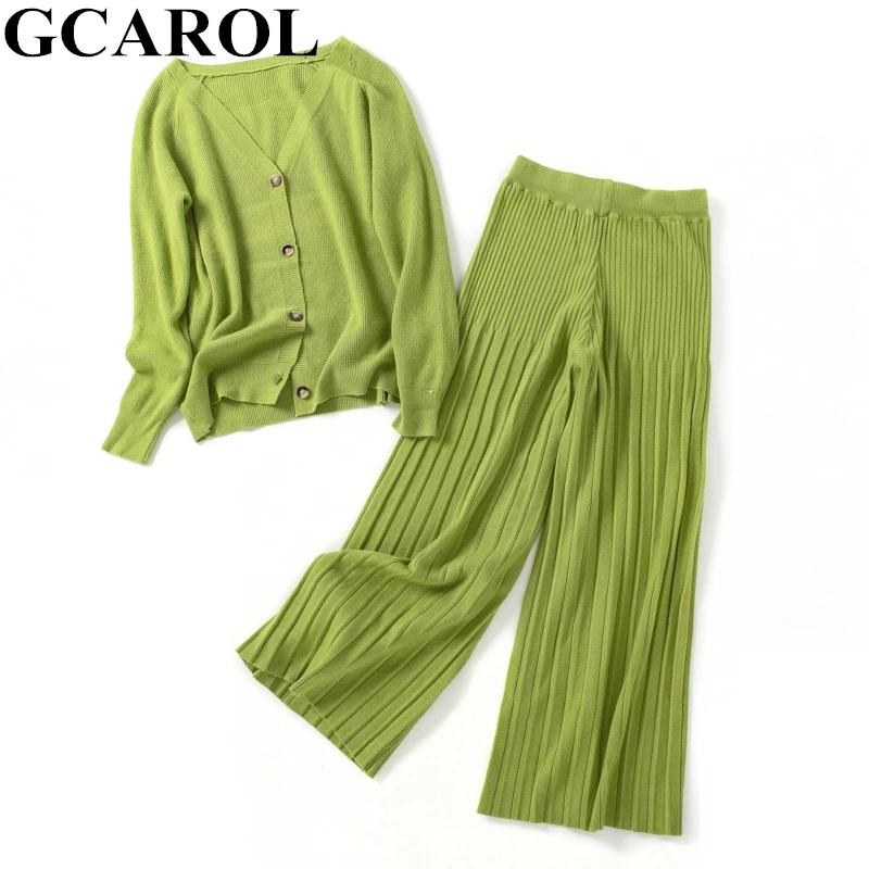 

GCAROL New Women's sets V Neck Cardigan And Wide Leg Pants 2 pcs Set Knit Top Elastic Waist Pants Leisure Fall Winter Outfits