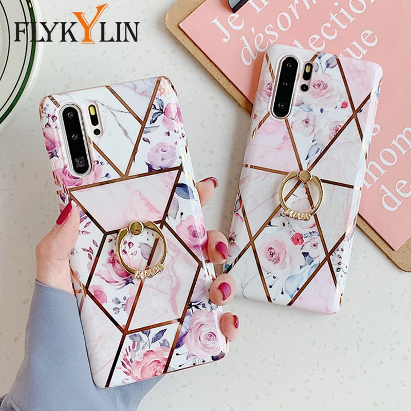 FLYKYLIN Ring Stand Flowers Case For Huawei Mate 20 30 Pro P20 Lite P30 Back Cover IMD Silicone Plating Phone Coque | Мобильные