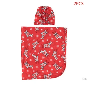 

New 2 Pcs/set Baby Print Red Swaddle Towel Hat Set Fashion Newborn Christmas Wrap Cloth Newborn Kick-proof Blanket