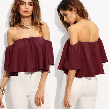 

Sexy shoulderless Flare sleeve Tank tops Off shoulder tee shirt Crop Top Cropped