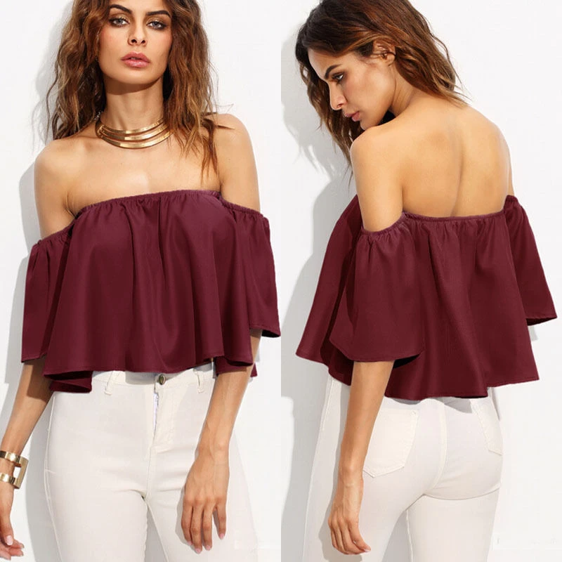 red shoulderless top