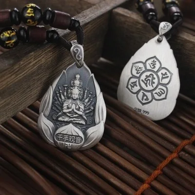 

Pure Silver S999 Chinese Zodiac Natal Retro Guanyin Necklace Fine Silver Eight Patron Saints Couples Men And Women Pendant