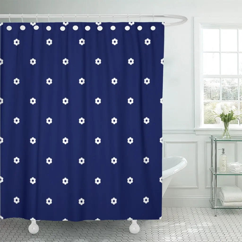 Abstract Navy Blue Little White Flowers Beautiful Beauty Blossom Shower Curtain Waterproof Polyester Fabric 72 x 78 Inches Set | Дом и сад