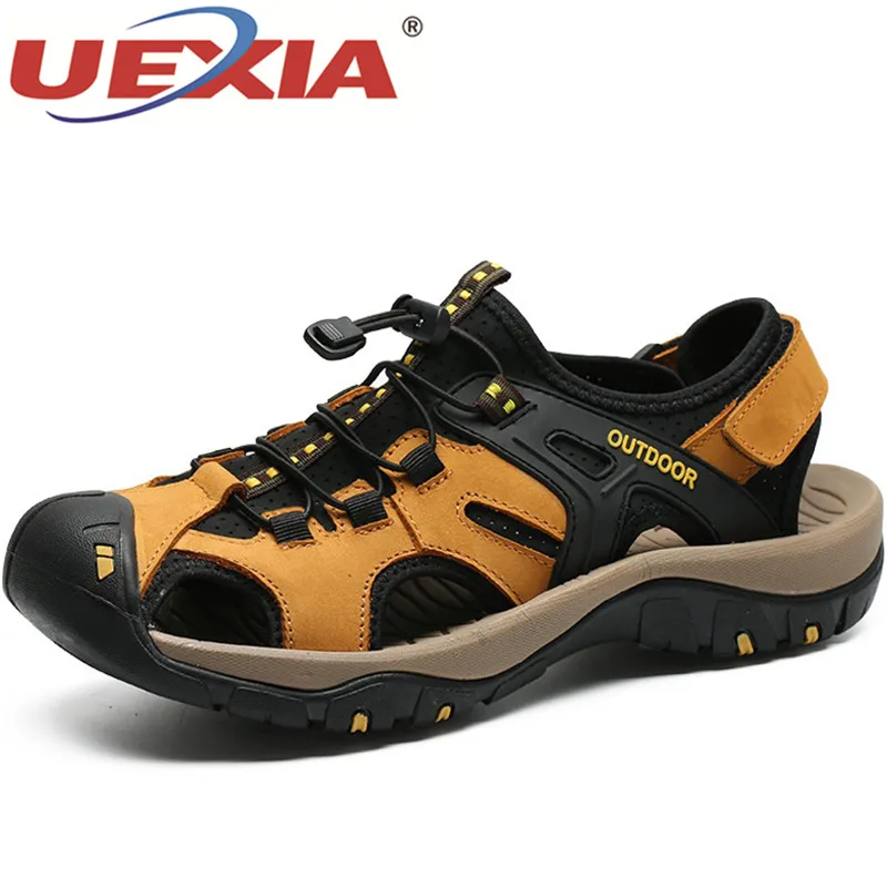 

UEXIA Fashion Outdoor Summer Leather Casual Shoe Man Hook & Loop Roman Style Beach Sandals Brand Summer Sneakers Plus Size 38-48
