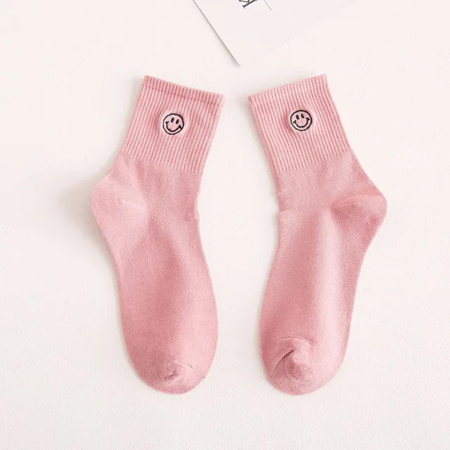 Smile Embroidery Woman Cotton Crew Socks Autumn Winter Cute Casual Elastic Ribbon Solid Color White Black Girl Tube Socks Chic Pink