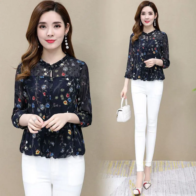  Women Spring Summer Style Chiffon Blouses Shirts Lady Casual Flower Printed Patchwork O-Neck Blusas