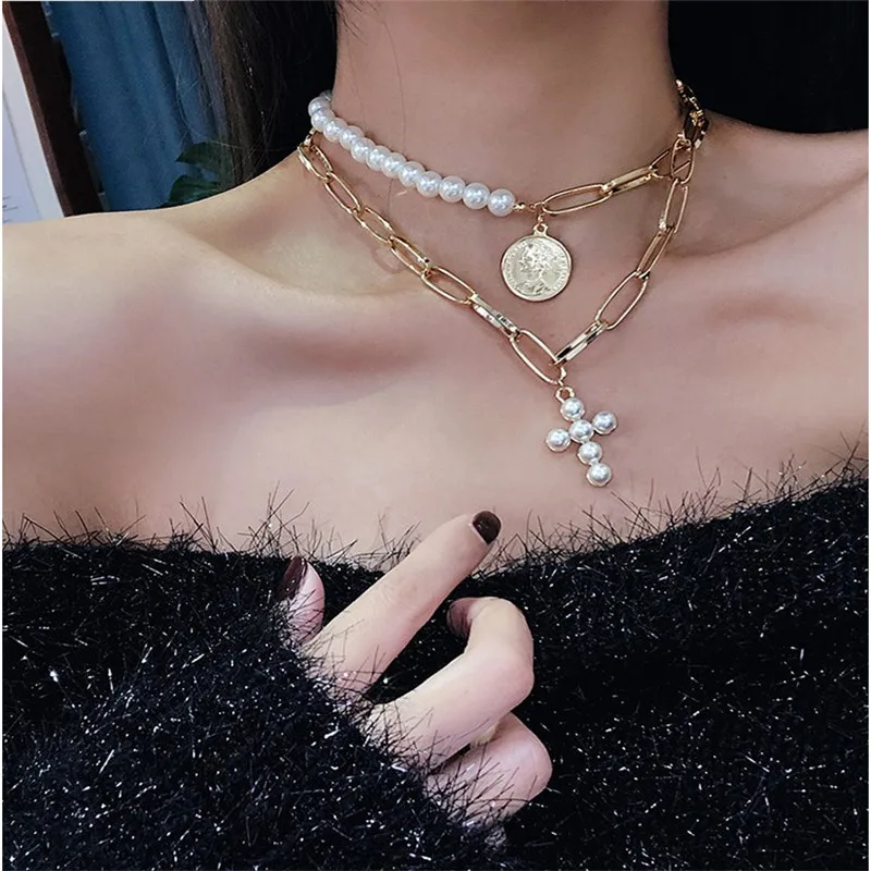 Free Fan Gold Coin Cross Choker Necklace Female Gothic Layered Pearl Pendant Necklaces For Women 2019 Fashion Jewelry | Украшения и