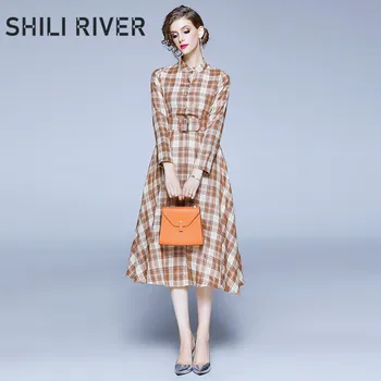

New spring autumn long shirt dress for women a line long sleeve casual slim elegant print plaid button dresses with belt khaki