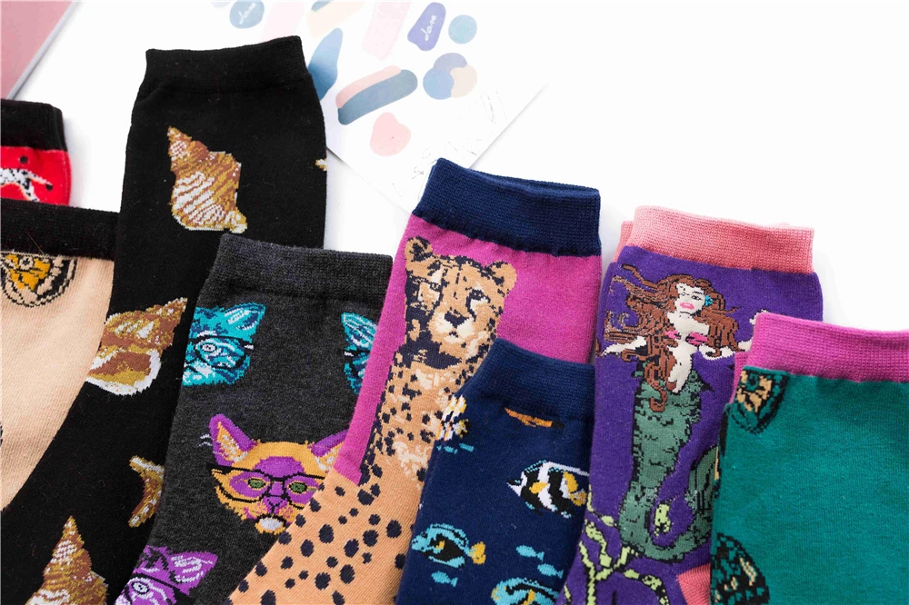 Новинка; милые носки с рисунками животных; забавные носки с изображением Далматинских собак, леопарда, кота, бабочки, раковины, подводного мира; носки в стиле ретро; Рождественский подарок