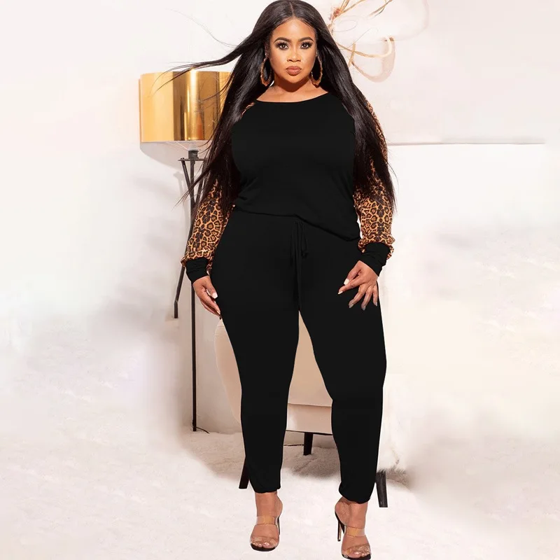 5XL Plus Size Women Sets T Shirt Tops And Pant Suits 2021 Autumn Fashion Leopard Print Casual Large Size Tracksuit Two Piece Set