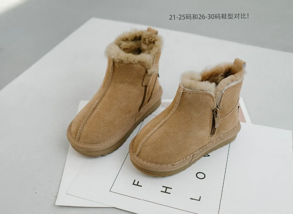 2020 New Winter Children Snow Boots Genuine Leather Wool Girls Boots Plush Boy Warm Shoes Fashion Kids Boots Baby Toddler Shoes