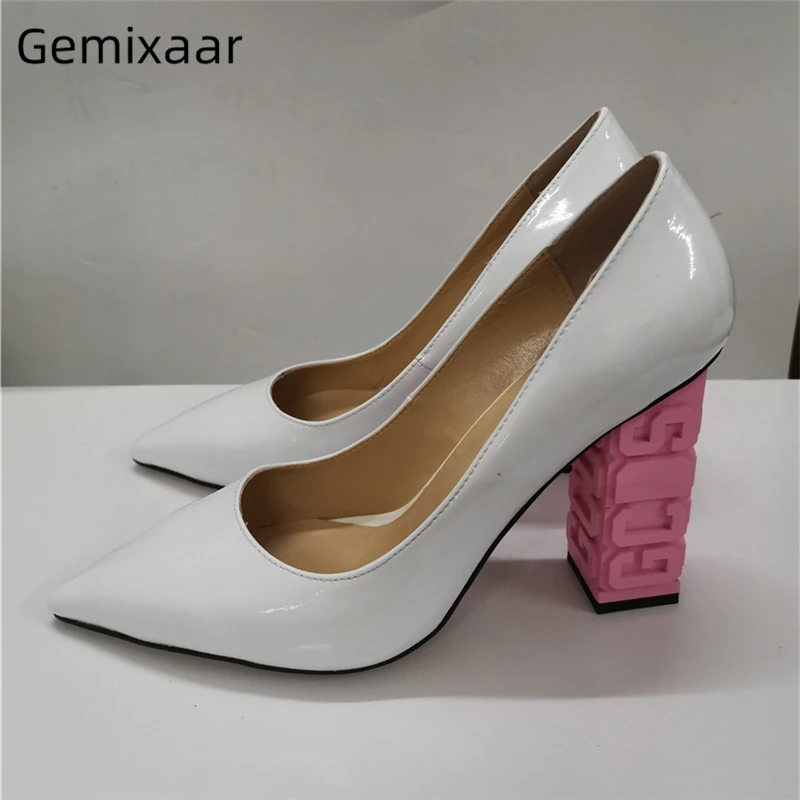 

Unique Carved Letters High Heel Party Shoes Woman Bright Genuine Leather Pointed Toe Strange Heel Banquet Shoes Women