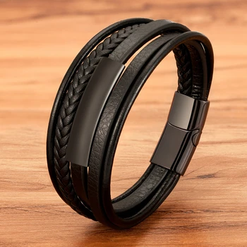 Multilayer Man Bracelet Leather Braided Rope Stainless Steel Magnetic Clasp Hand Bracelets