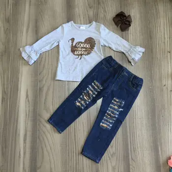 

girlymax girl Thanksgiving jean outfit girl turkey raglan girl jean set with bow