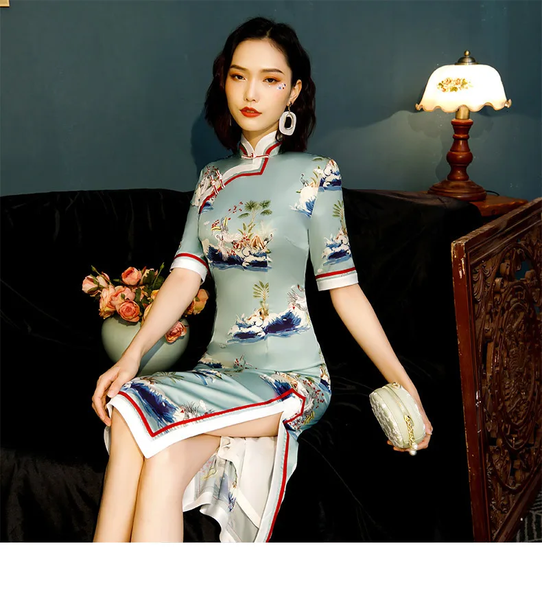 Sheng Coco/китайское платье для девочек-подростков небесно-голубое платье Ципао длиной до колена, китайское классическое платье с принтом, шелковые платья Chipao