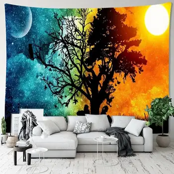 

150cmx130cm Tree Moon Star Night Sun Day Printed Wall Hanging Tapestry Home Foldable Carpet Blanket Towel Decoration