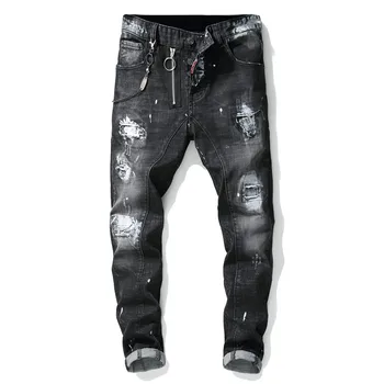 

Men's jeans trousers male jeans modis ripped splice paint zipper jeansmen clothes streetwear for Winter skinny grey hip hop