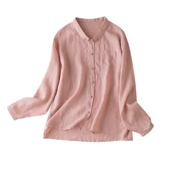 

High Quality Shirt for Woman 100% Linen Blusas De Mujer Largos Sueltos Pockets Peter Pan Collar Blusa Manga Comprida Feminina