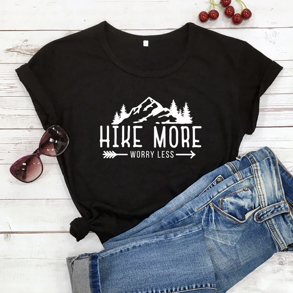 Wandern Sie mehr Sorgen, weniger T-sh Casual Unisex Kurzarm Grafik Wandern im Freien T-Shirts Tops lustige Frauen Sommer Camping634_voghion.com