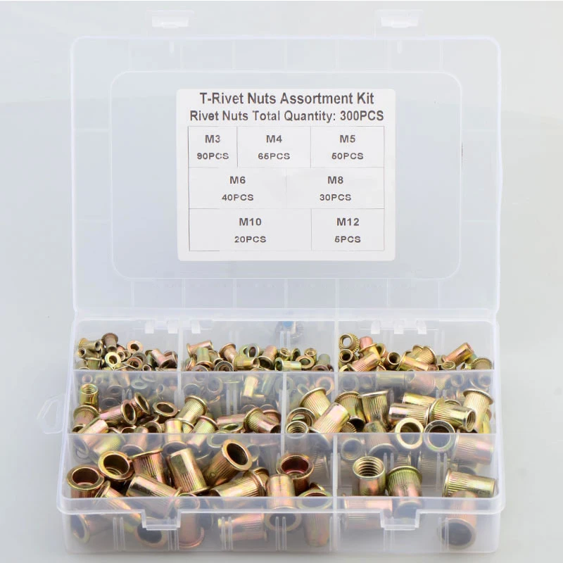 Wholesale price 300pcs M3 M4 M5 M6 M8 M10 M12 Pull rivet nut Mixed Zinc Plated Carbon Steel Rivet Nut Threaded Insert set |