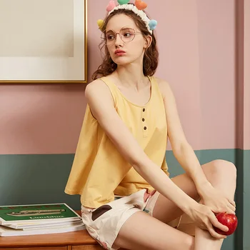 

Summer Cool Loose Women Tank Vest Single Line Button Top And Lovely Printed Shorts Two Piece Pajamas Sets Homewear Sleepwear