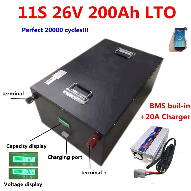 

customized 11s 24V 200Ah LTO 24v 26.4v 200ah Lithium titanate battery with bms for solar system rv EV motorhome+20A Charger
