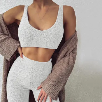

Women's Autumn And Winter Plush Pajamas Set Two-piece Sexy V-neck Sling Exposed Navel Top Women's Vest and Slim Trousers/