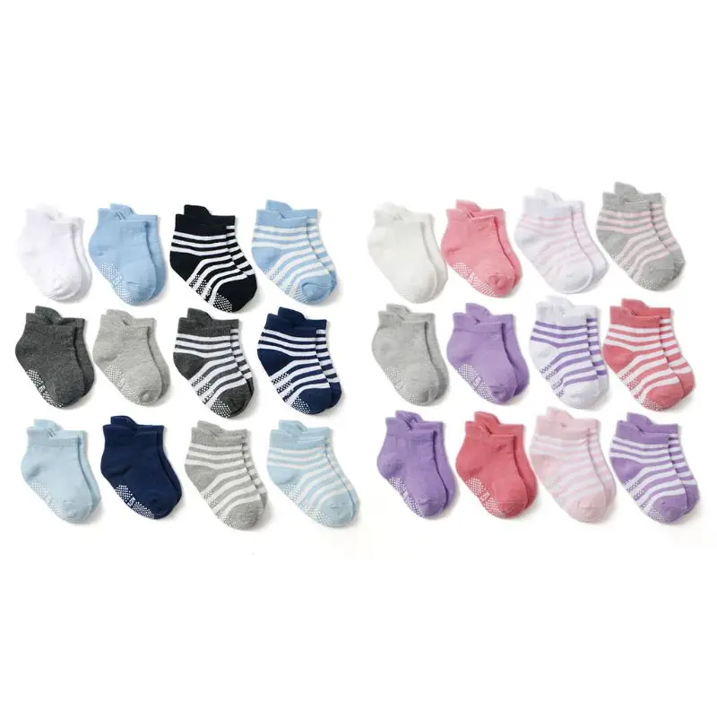 Pack of 12 Pairs Baby Boys Girls Anti-slip Grip Cotton Socks Toddler Kids Unisex Sweat Absorbing Sock Breathable Comfortable 