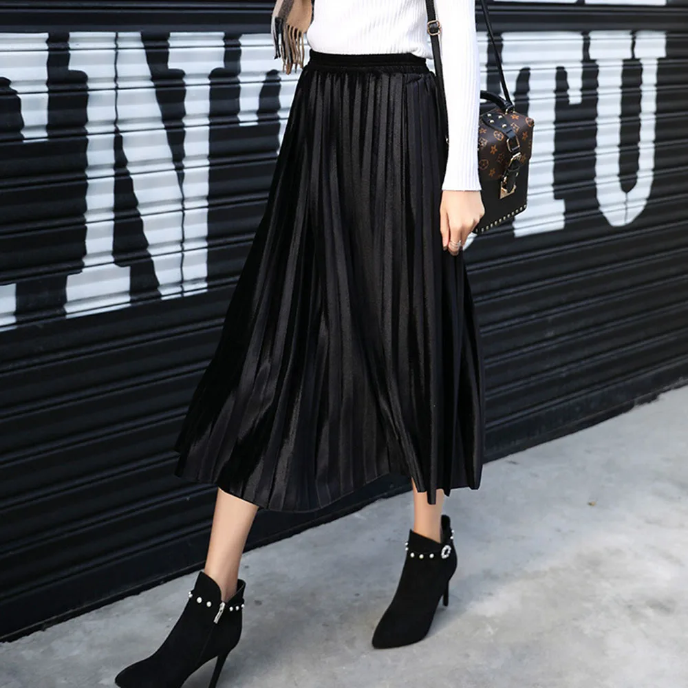 Бархатная плиссированная юбка для женщин с высокой талией, большая женская винтажная трапециевидная юбка, элегантные черные плиссированные юбки, женские макси юбки