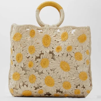 

Vintage Luxury Designer flower Wool Sweater Lady Shoulder Bag Brand Cotton Woven Tote Bag Casual Knit Women Handbag hollow out