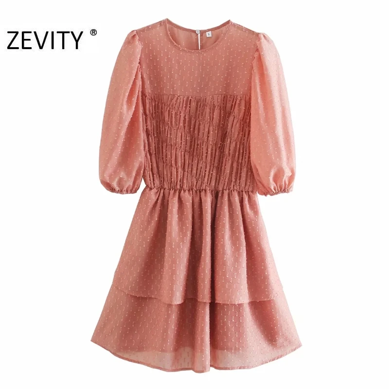 ZEVITY New women sweet o neck puff sleeve chiffon dress female elastic double layer casual vestido chic ruffles dresses DS4509