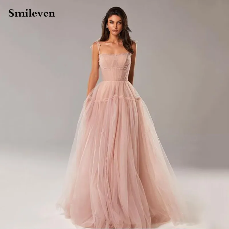 Smileven Blush Pink Spaghetti Strap Longo Prom Dresses Floor Length A-Line Party Dresses Puffy Tulle Elegant Formal Gown