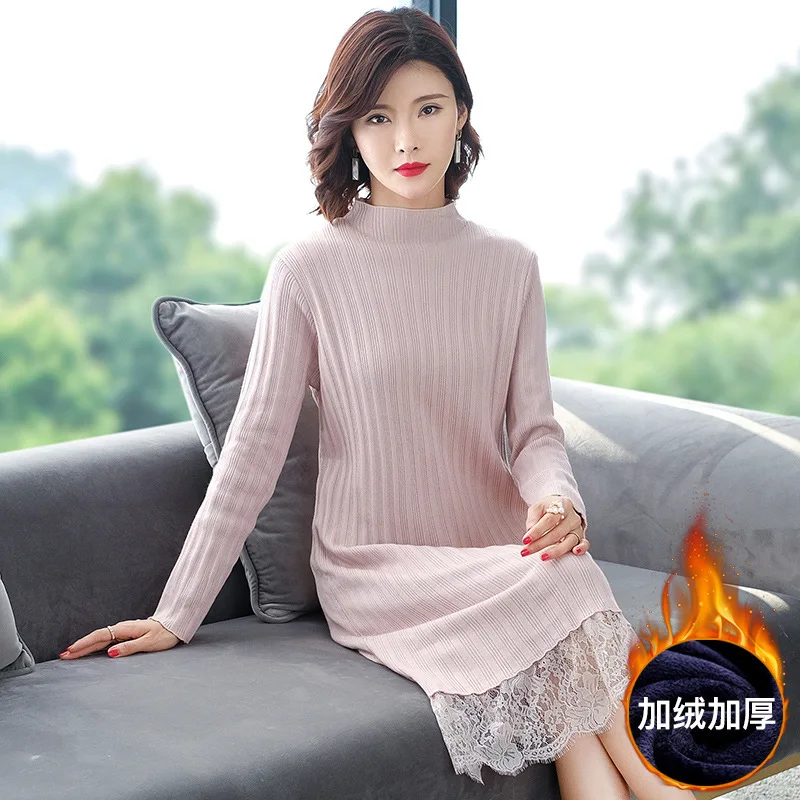 

Plus Velvet 2019 Autumn And Winter New Style WOMEN'S Dress Thick Medium-length Dress-Style Joint Lace Base Knit Sweater Dress