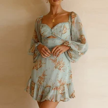 

Autumn Women Lace Patchwork Print Short Dress Back Lace-up V Neck Chiffon Ruffles Dress Female A Line Green Party Vestidos 2021