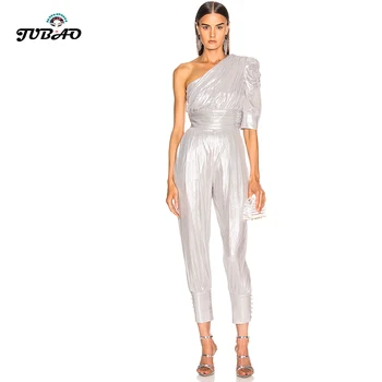 

Silver one-shoulder jumpsuit Sexy Straight Nine minutes of pants belt Lively fashion Party Idol in same High quality 2019 autumn
