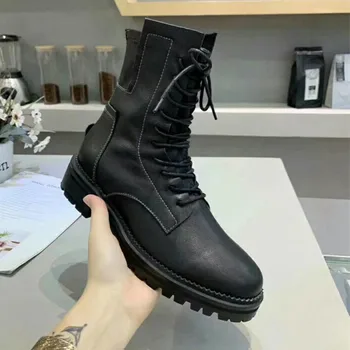 

Fast delivery 2019 winter fashion motocyle boots genuine leather lace up round toe women short boots