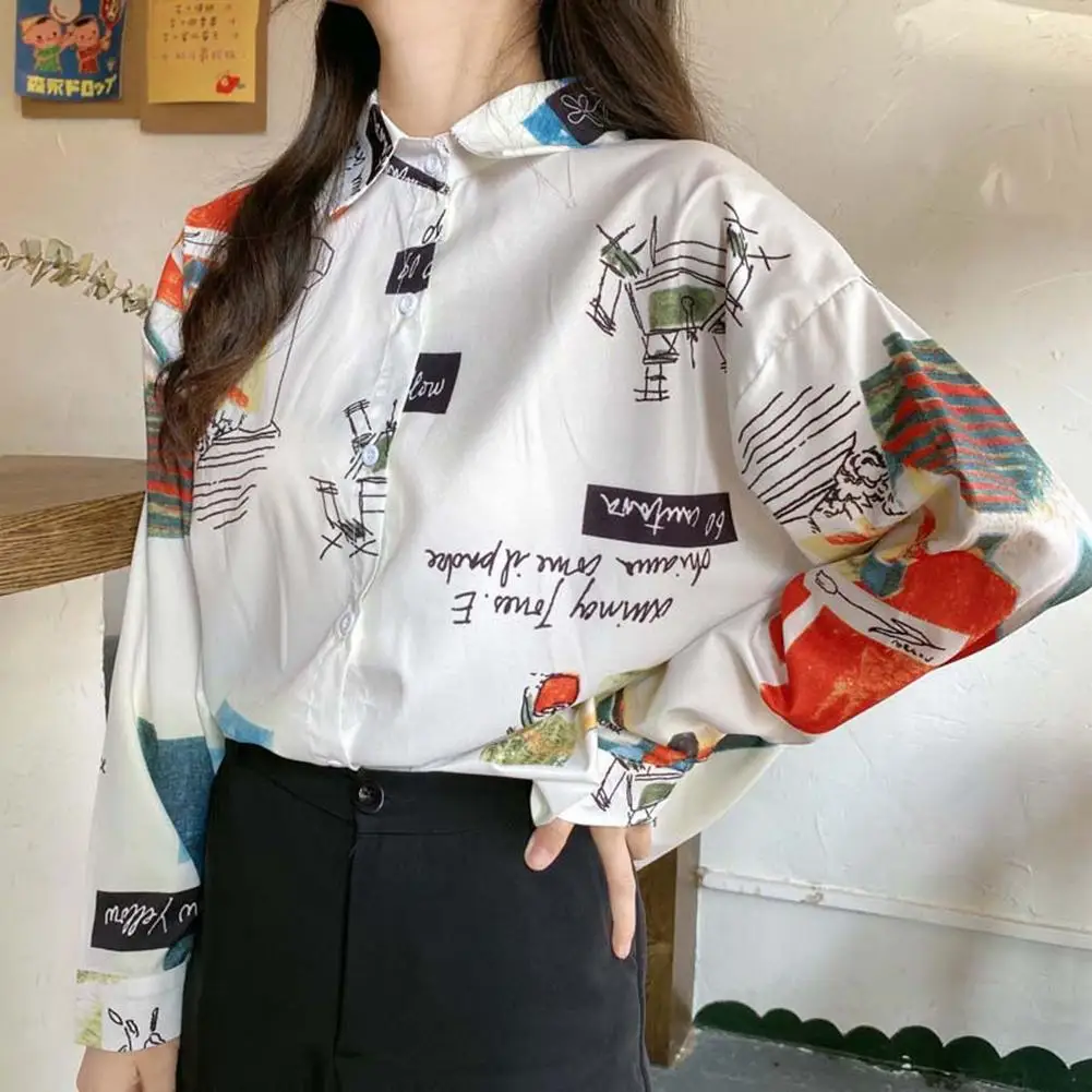 Female Blouse Long Sleeve Letters Print Scrawling Single-breasted Loose Shirt Women Tops and Blouses 2