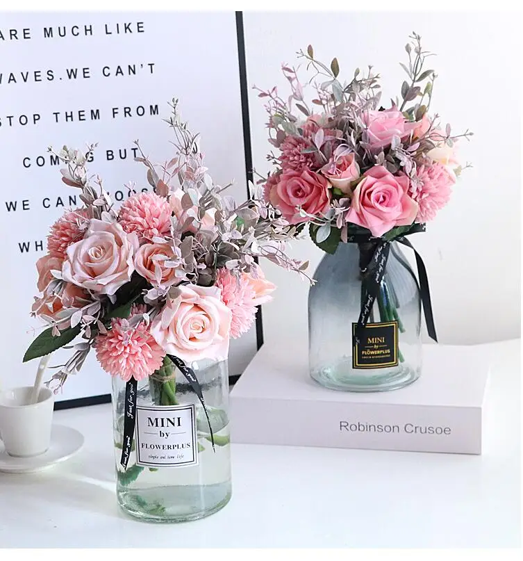 

Modern Glass Vase+Artificial Flower Set Decor Wedding Gift Home Furnishing Decoration Crafts Livingroom Silk Fake Flower Pot Art