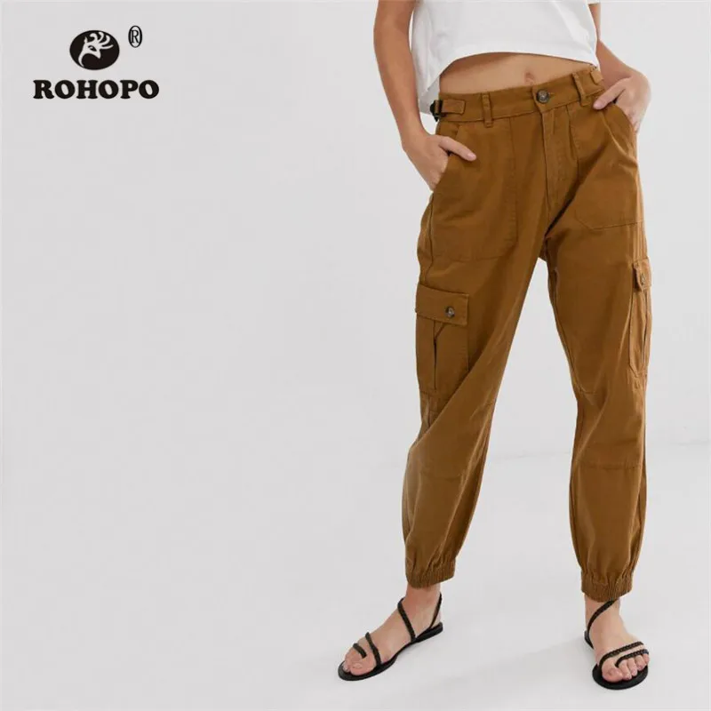 

ROHOPO Woman Cotton Overrall Khaki Autumn Pencil Cargo Pant Washed Cotton Ladies Pockets Trousers #8703