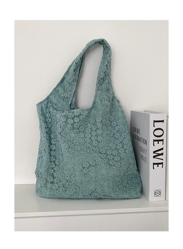 Silk Mesh Women Canvas Shoulder Bag Embroidery Flowers Coth Handbag Casual Tote Students Books Bag Eco Shopping Bags For Girls wristlet beads