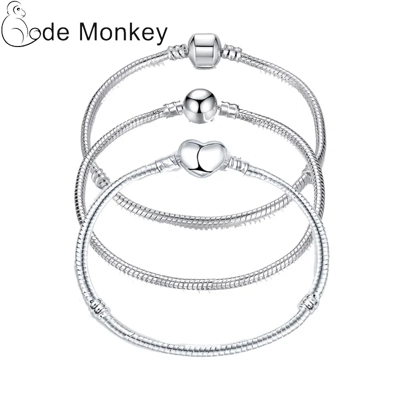 Bracelet Fit Bangles Jewelry Beads Charm Gift Love-Snake-Chain Silver-Color 17-21cm Making