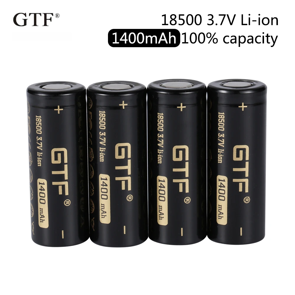 

2020 New GTF 18500 1400mAh 100% capacity 3.7V Li-Ion Rechargeable Battery for LED Flashlight flat head