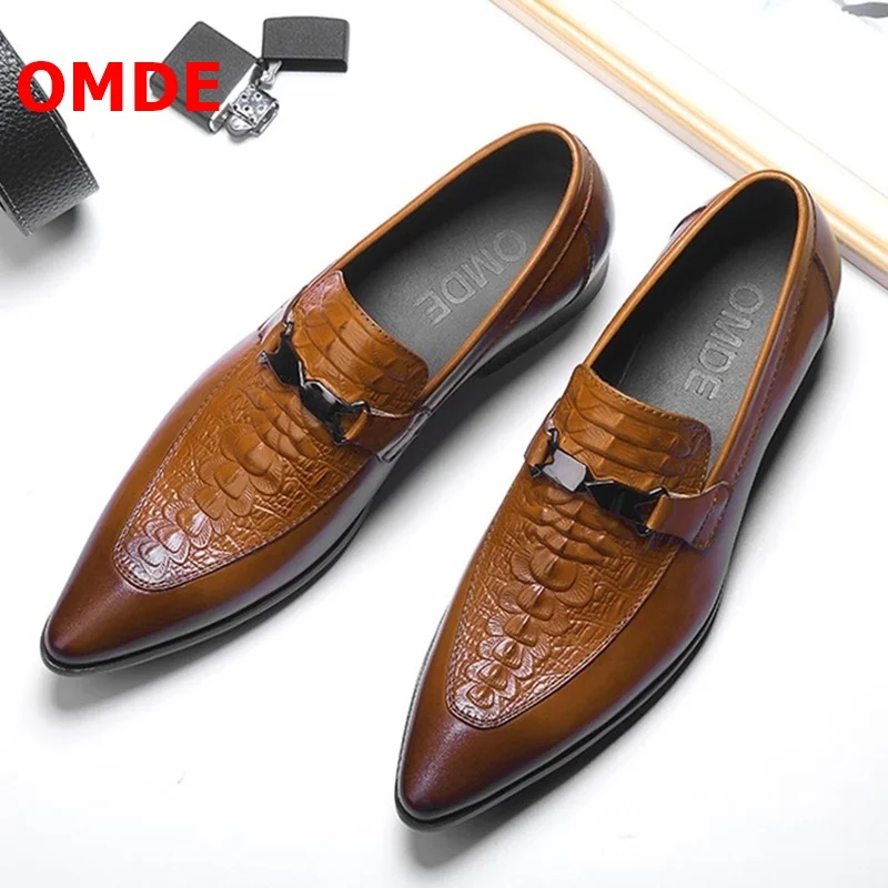 

OMDE Summer Pointed Toe Mens Dress Shoes Genuine Leather Slip On Formal Shoes Men Business Leather Shoes Loafers Wedding Shoes