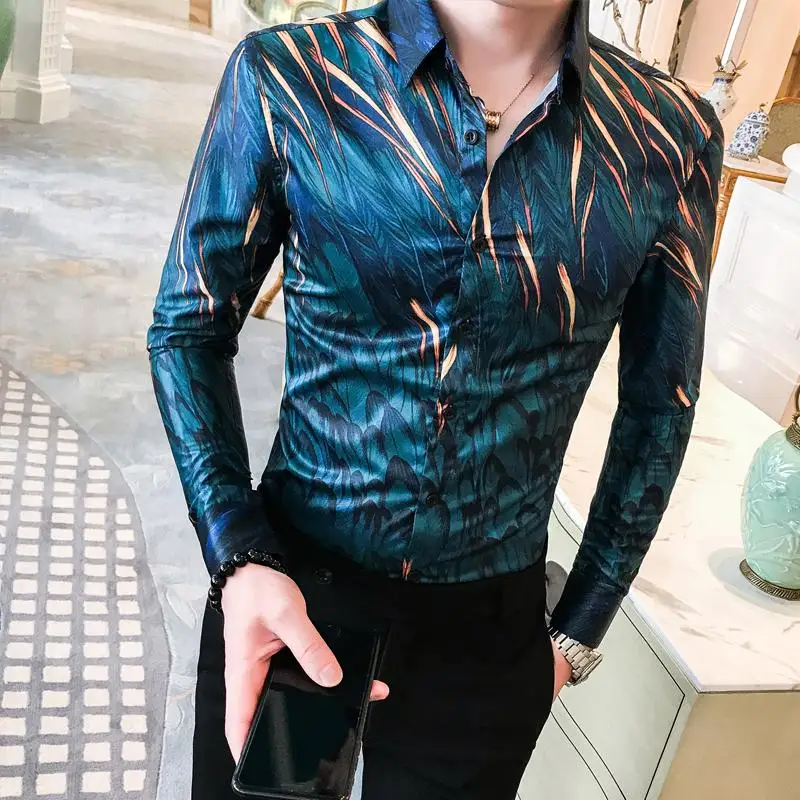 

Shirt for Men Unique design Fashion Feather Pattern Long Sleeve Blouse Men's Casual Floral Shirt New arrival